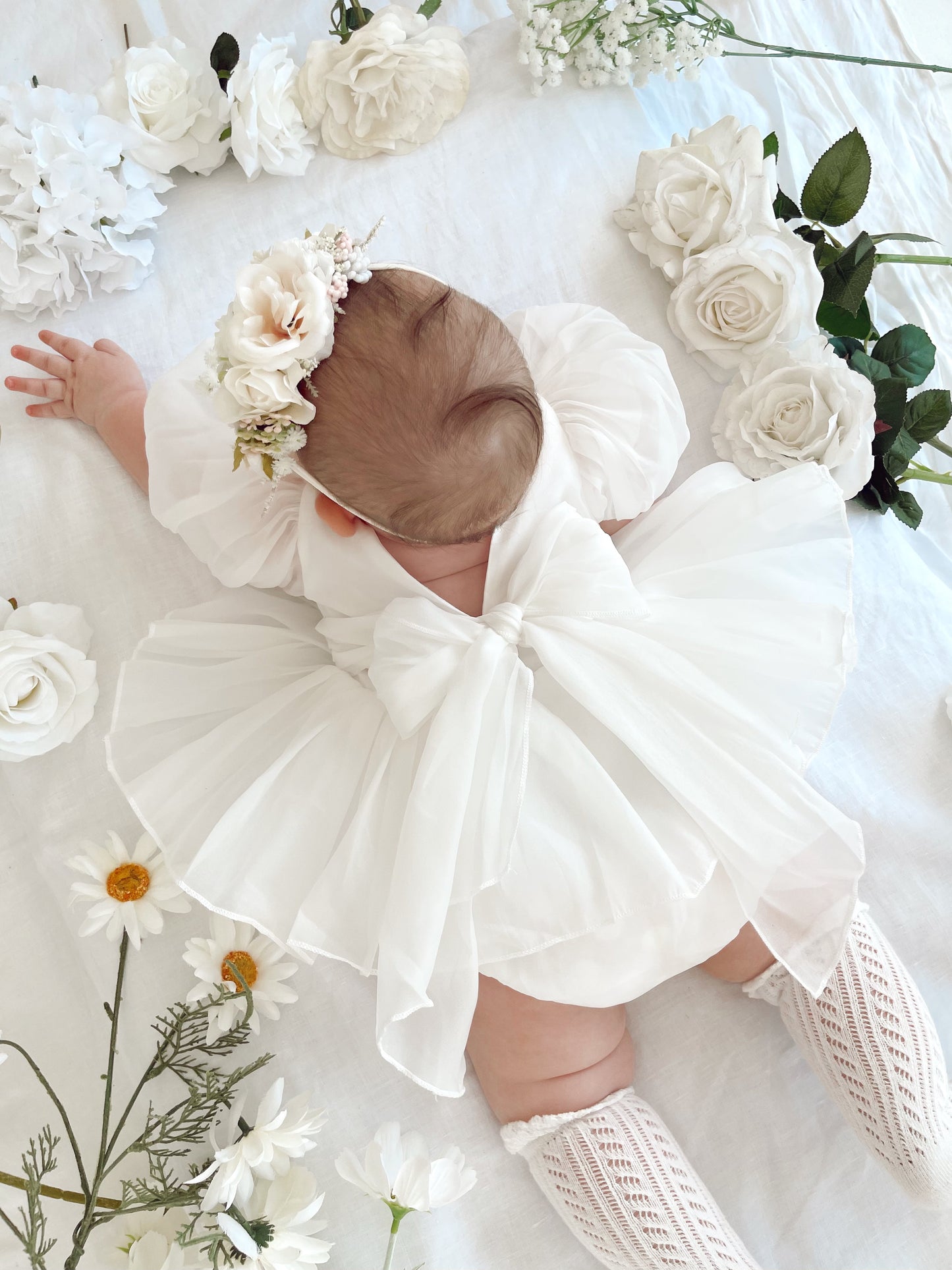 Clementine Matte White Organza Baby Girl Romper