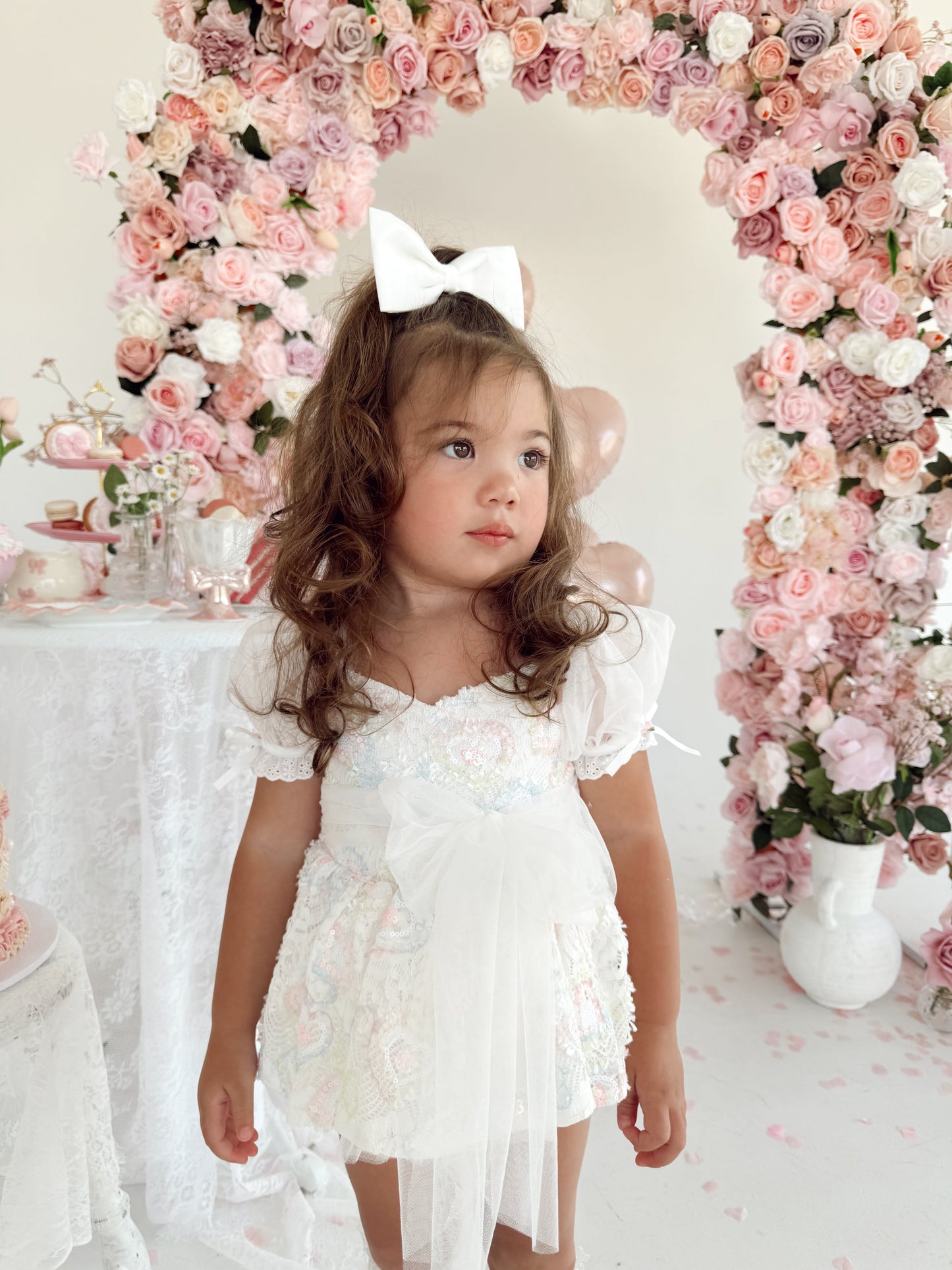 Josephine Lace Blossom Baby Girl Sequin White Tulle Party Romper
