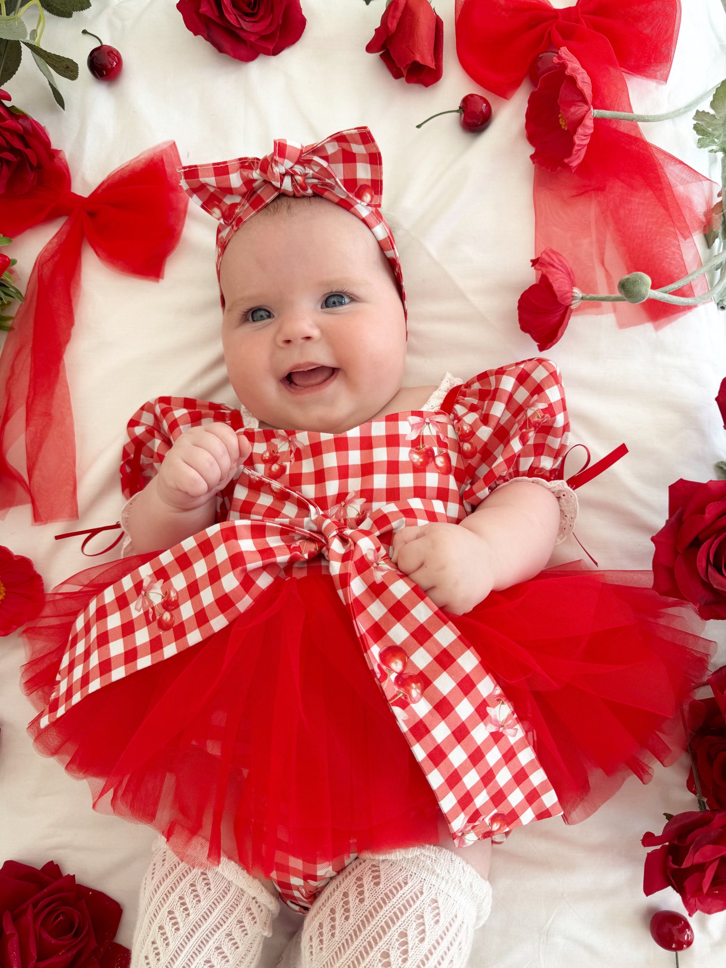 Cherry Lane Red Gingham Baby Girl Tulle Party Romper