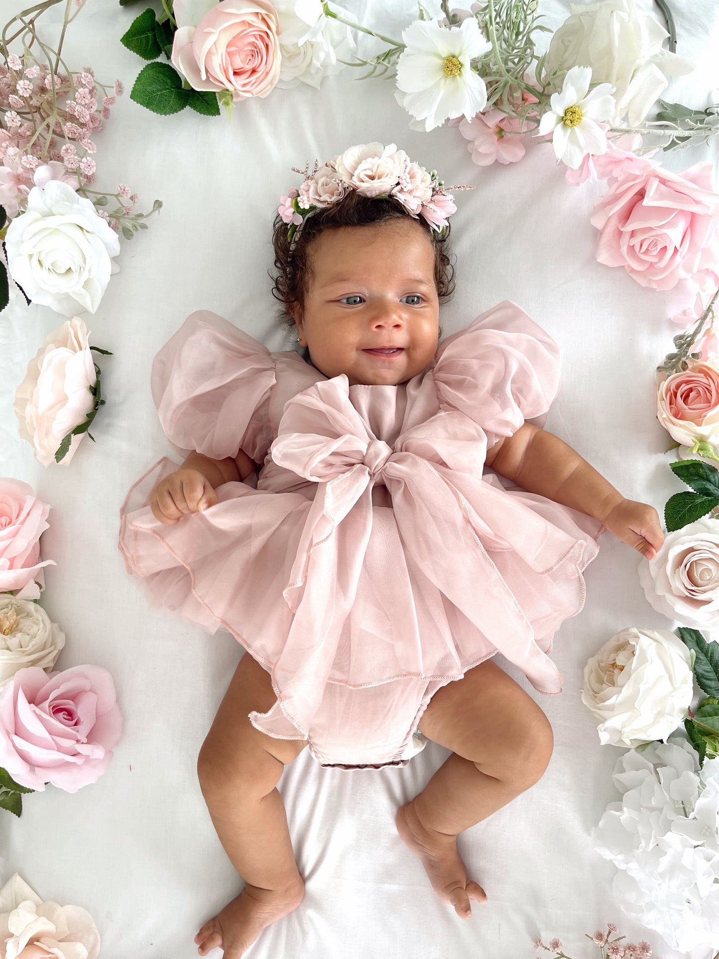 Clementine Matte Blush Rose Pink Organza Baby Girl Romper