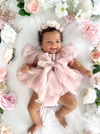 Clementine Matte Blush Rose Pink Organza Baby Girl Romper