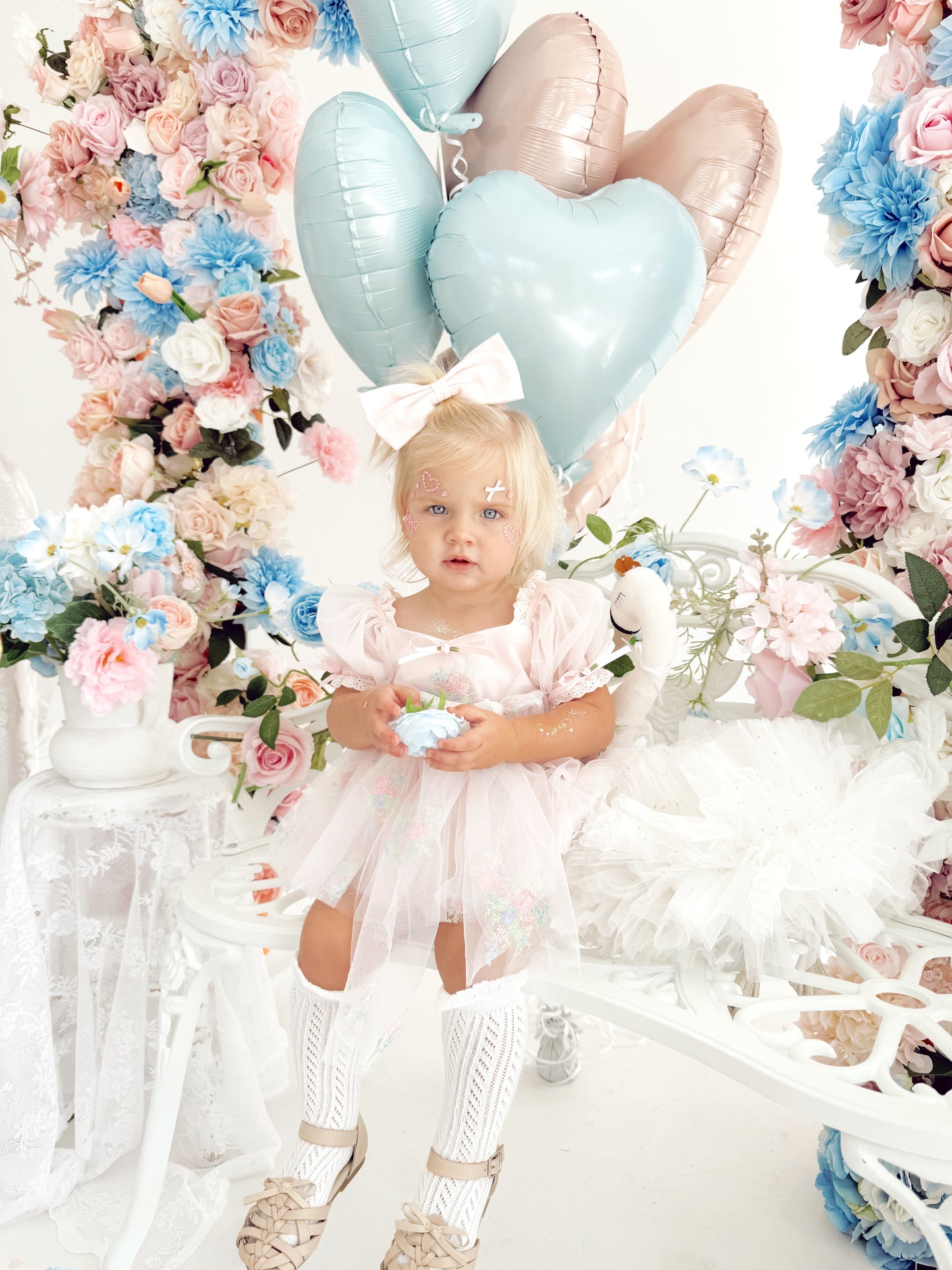 Peony Bloom Petal Pink Embroidered Baby Girl Tulle Party Romper