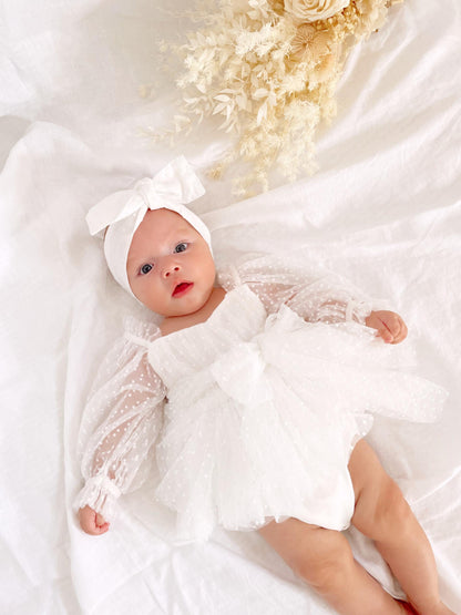 Swiss Dot Bloom White Baby Girl Tulle Romper