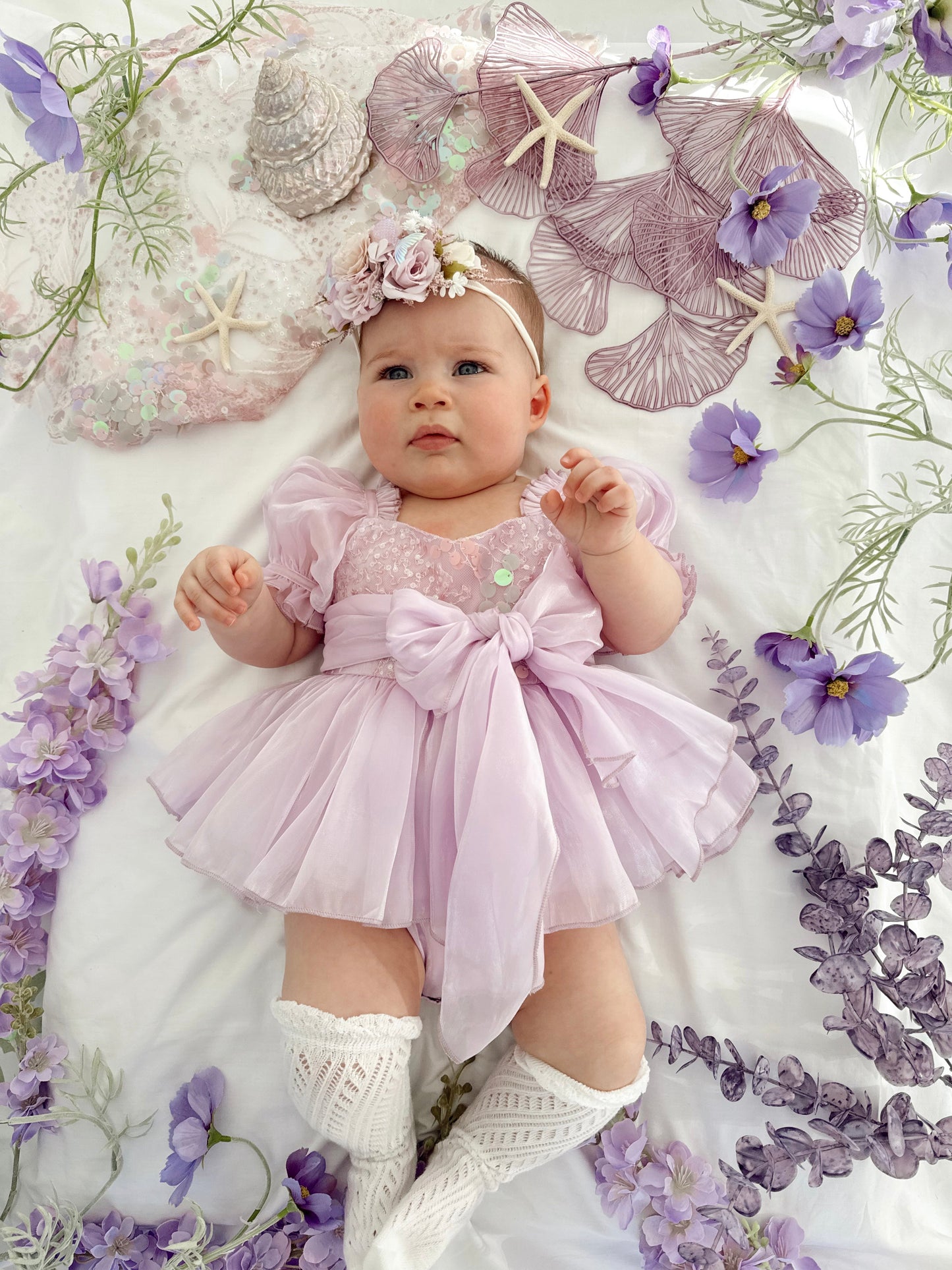 Ariel Purple Pearl Organza Sequin Baby Girl Party Romper