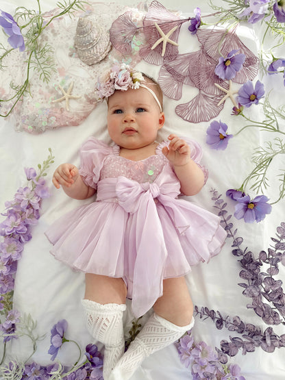 Ariel Purple Pearl Organza Sequin Baby Girl Party Romper