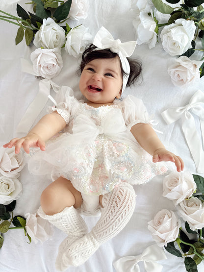 Josephine Lace Blossom Baby Girl Sequin White Tulle Party Romper
