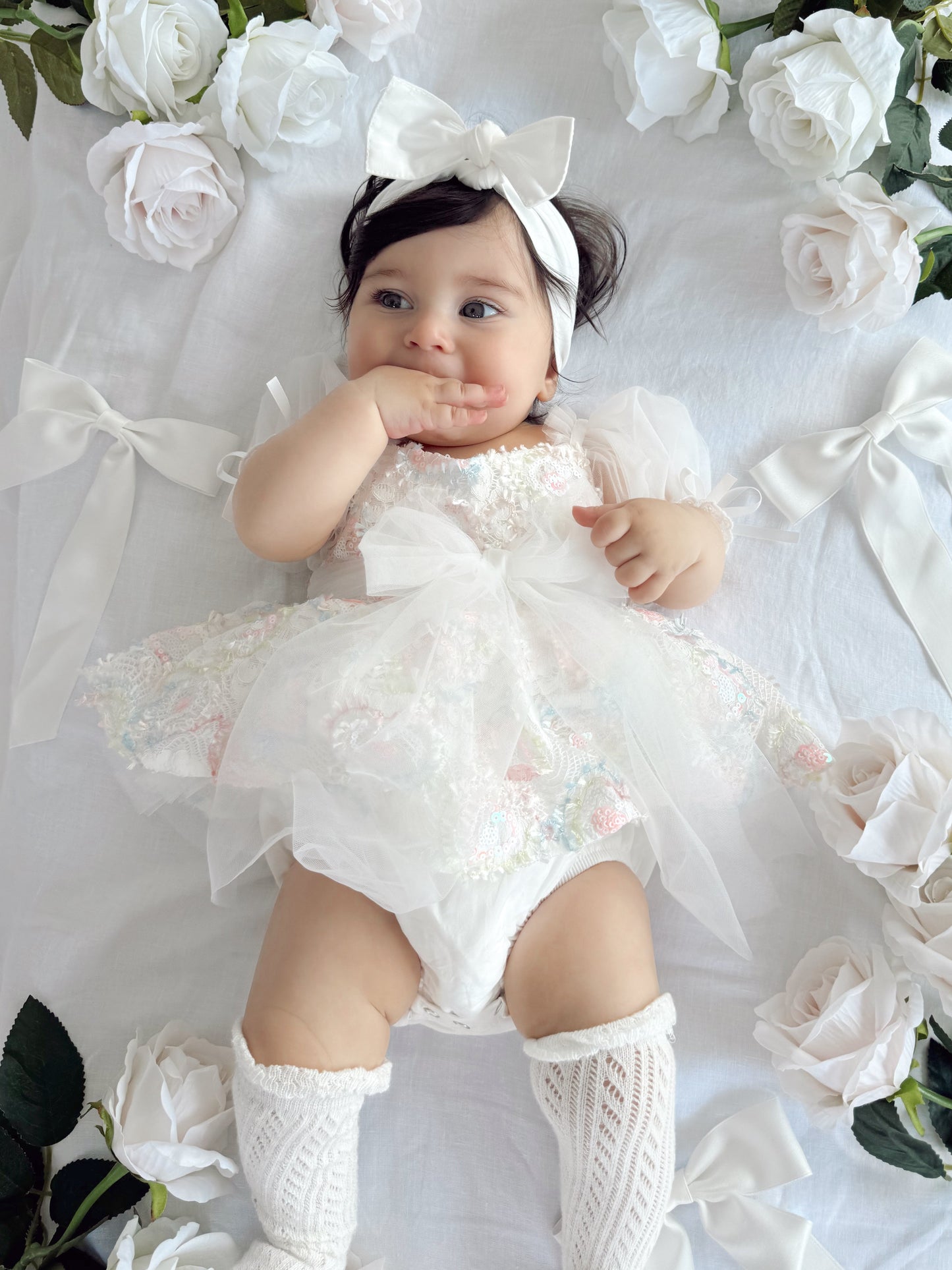 Josephine Lace Blossom Baby Girl Sequin White Tulle Party Romper