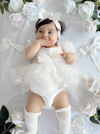 Josephine Lace Blossom Baby Girl Sequin White Tulle Party Romper