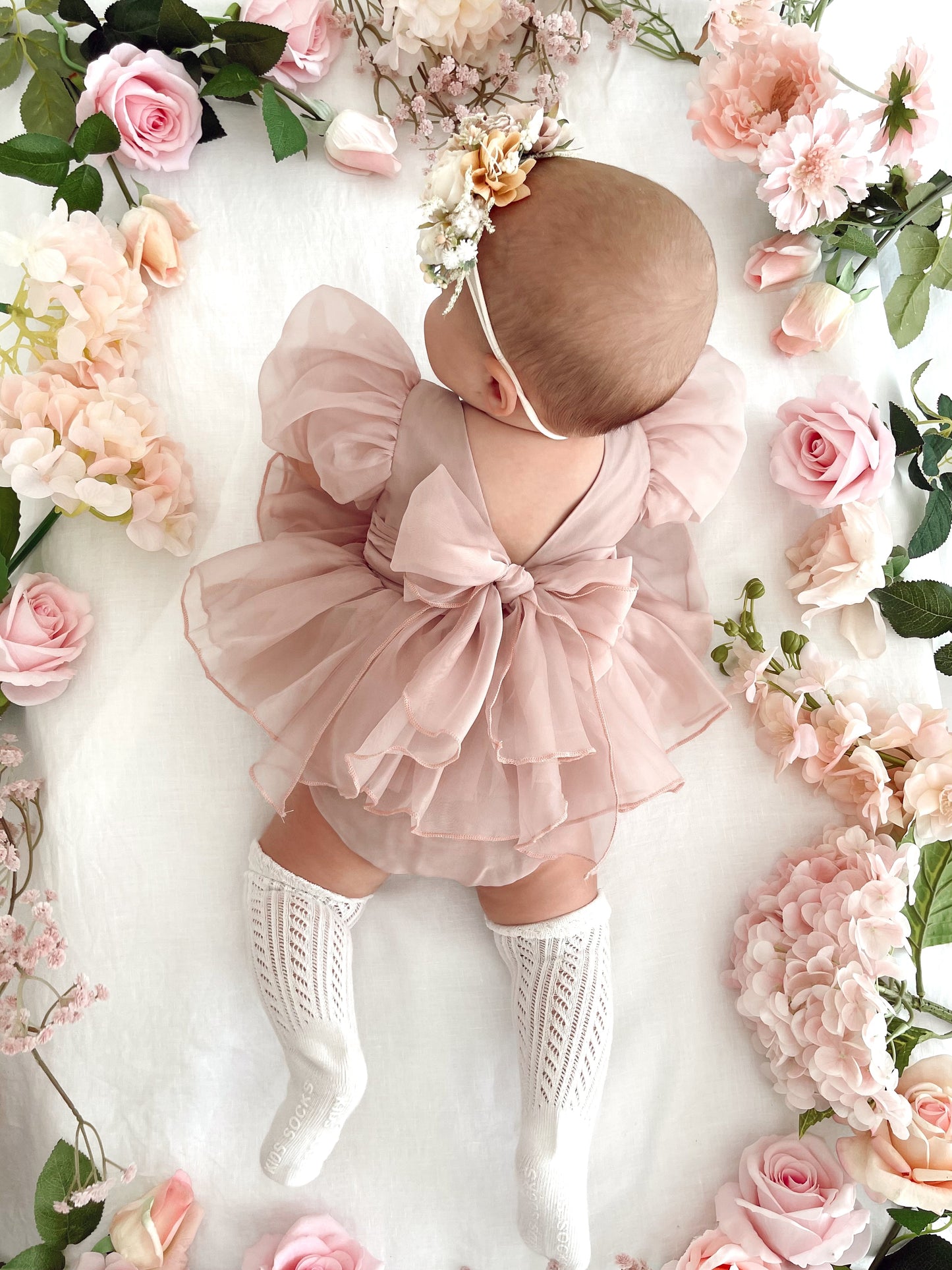 Clementine Matte Blush Rose Pink Organza Baby Girl Romper
