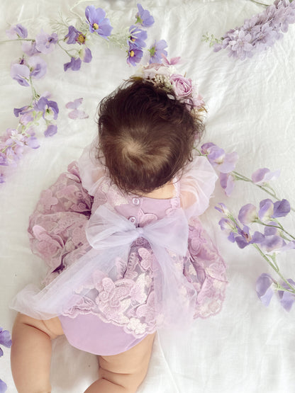 Butterfly Kisses Lilac Pink Rose Embroidered Baby Girl Tulle Party Romper