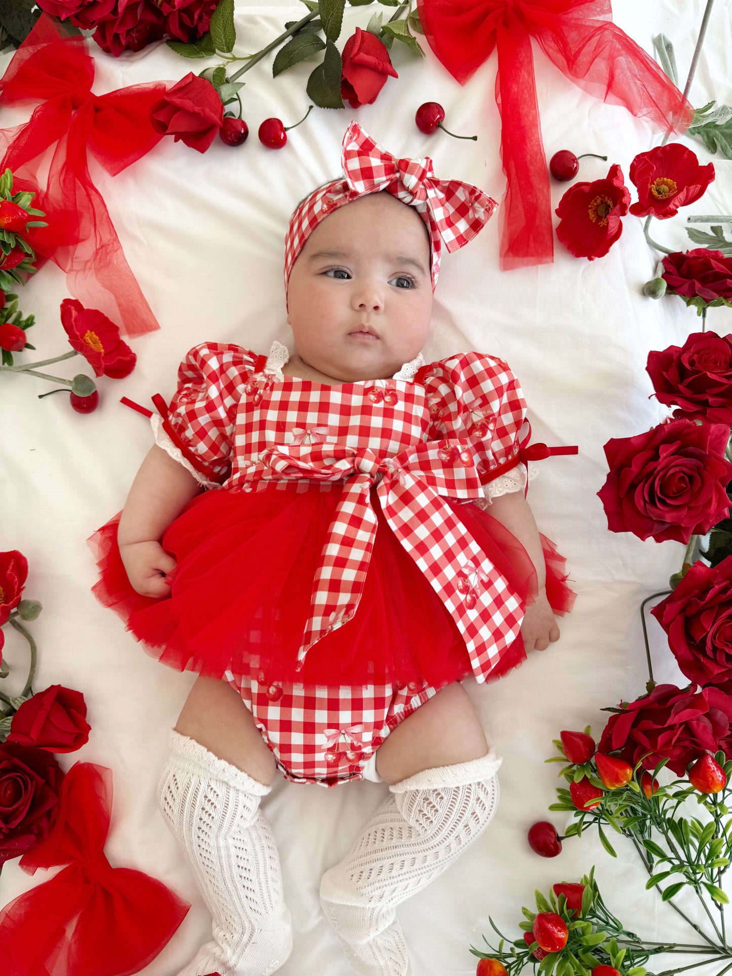 Cherry Lane Red Gingham Baby Girl Tulle Party Romper