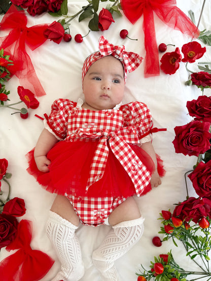 Cherry Lane Red Gingham Baby Girl Tulle Party Romper