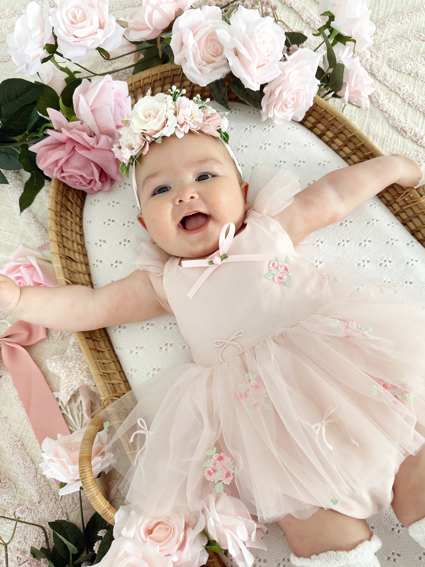 Belle Bow Perfect Pink Embroidered Baby Girl Tulle Party Romper