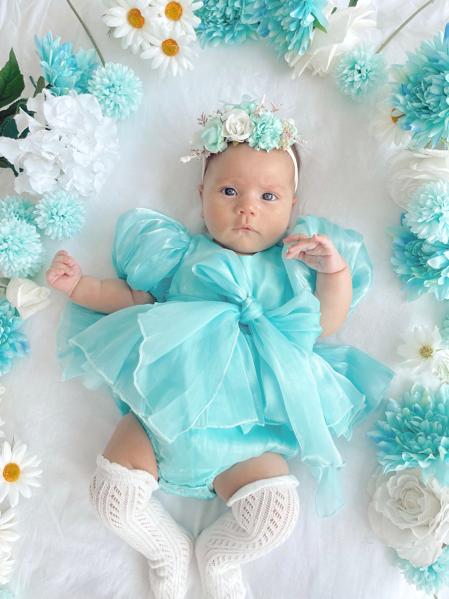 Dolly Turquoise Sky Organza Baby Girl Blue Party Romper