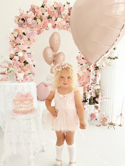 Belle Bow Perfect Pink Embroidered Baby Girl Tulle Party Romper