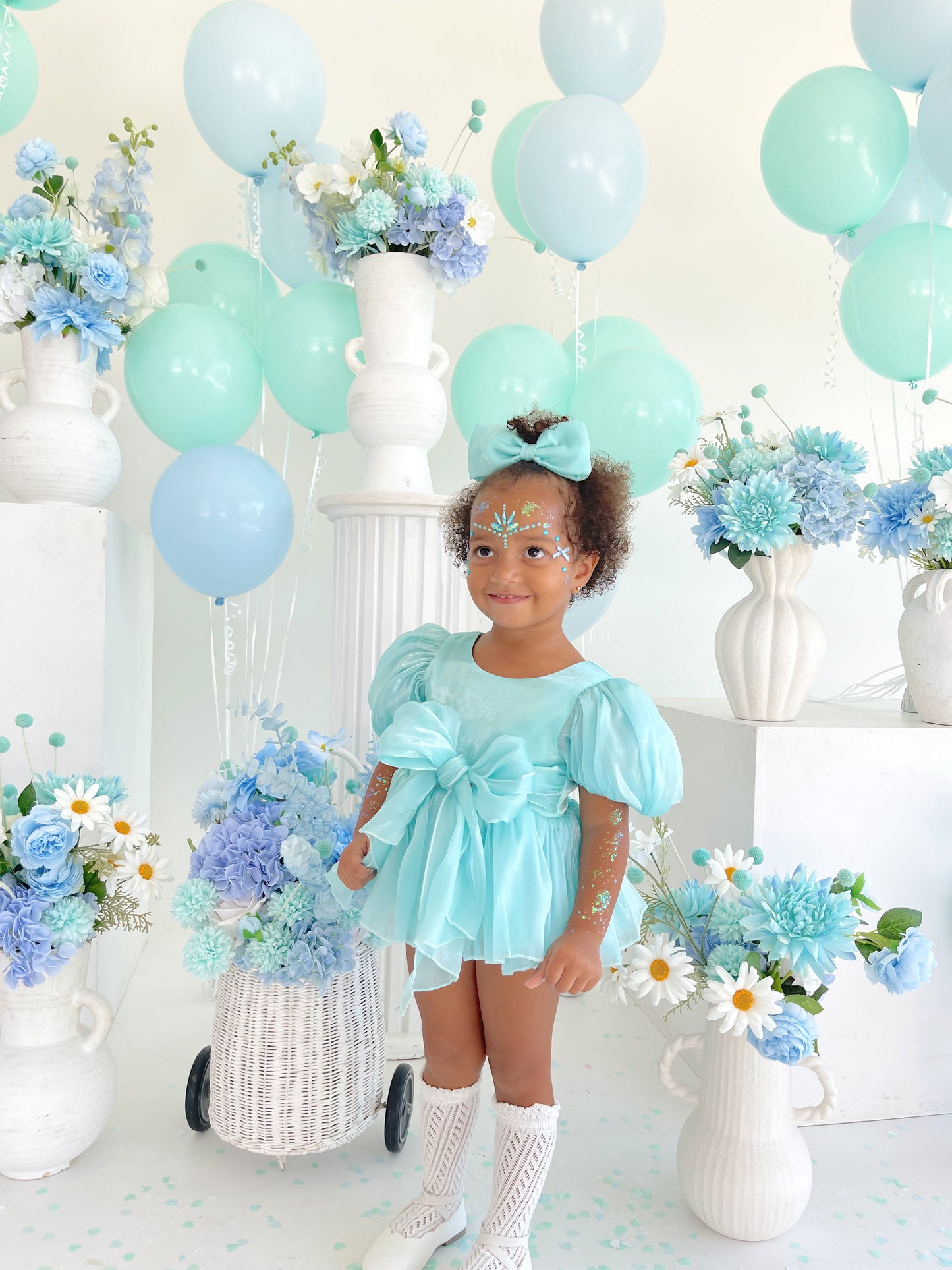 Dolly Turquoise Sky Organza Baby Girl Blue Party Romper