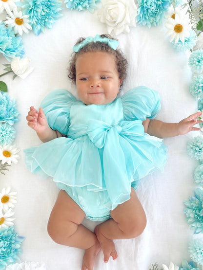 Dolly Turquoise Sky Organza Baby Girl Blue Party Romper