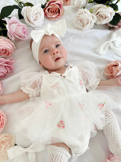 Fleur Butterfly Embroidered Baby Girl White Tulle Party Romper