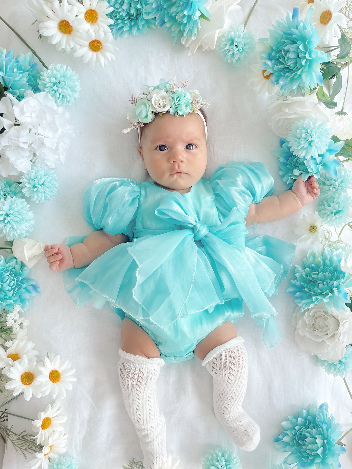 Dolly Turquoise Sky Organza Baby Girl Blue Party Romper