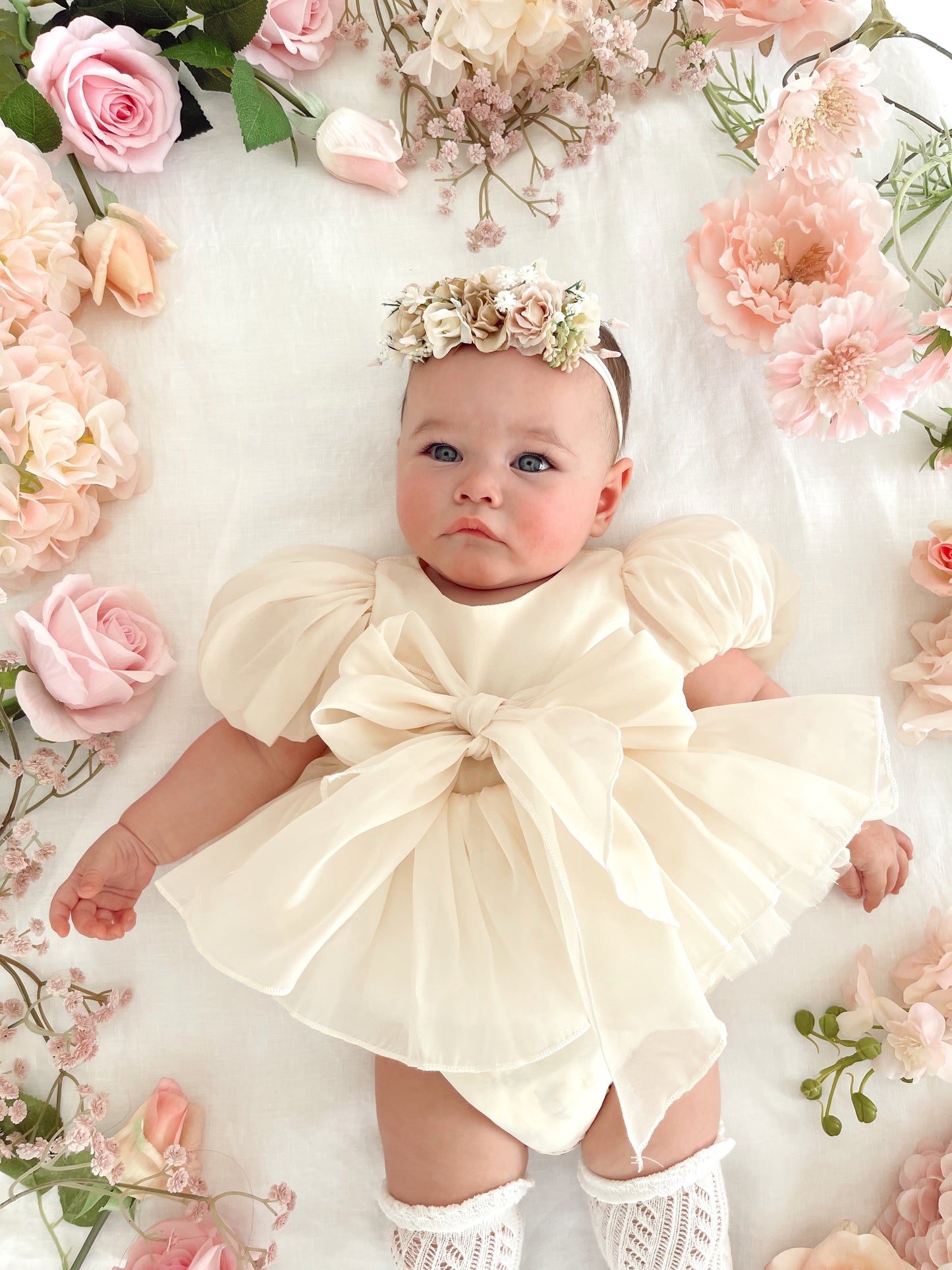 Clementine Matte Cream Organza Baby Girl Romper