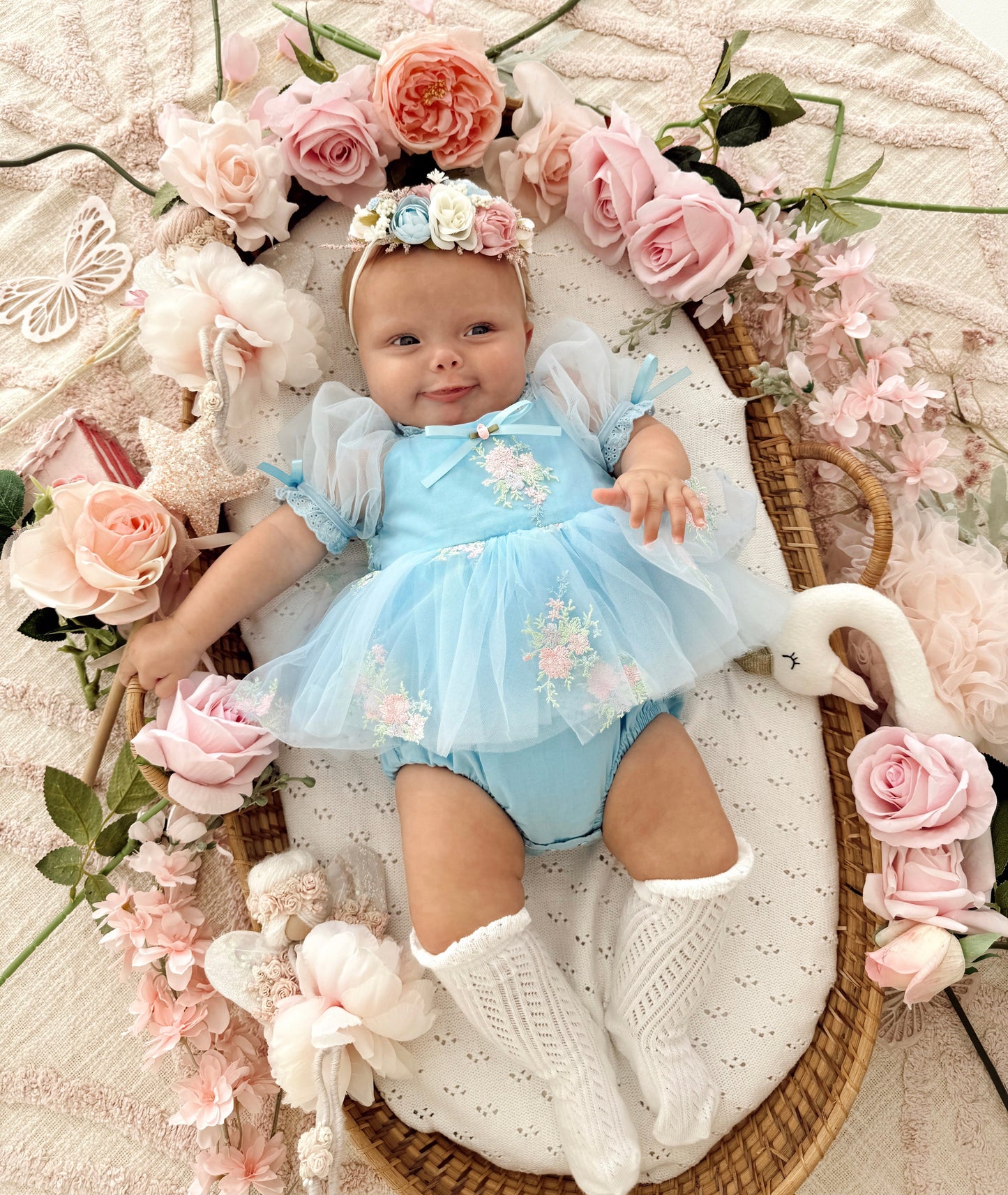 Afina Blue Embroidered Baby Girl Tulle Party Romper