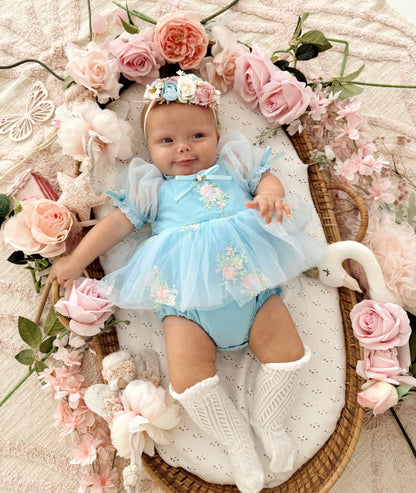 Afina Blue Embroidered Baby Girl Tulle Party Romper