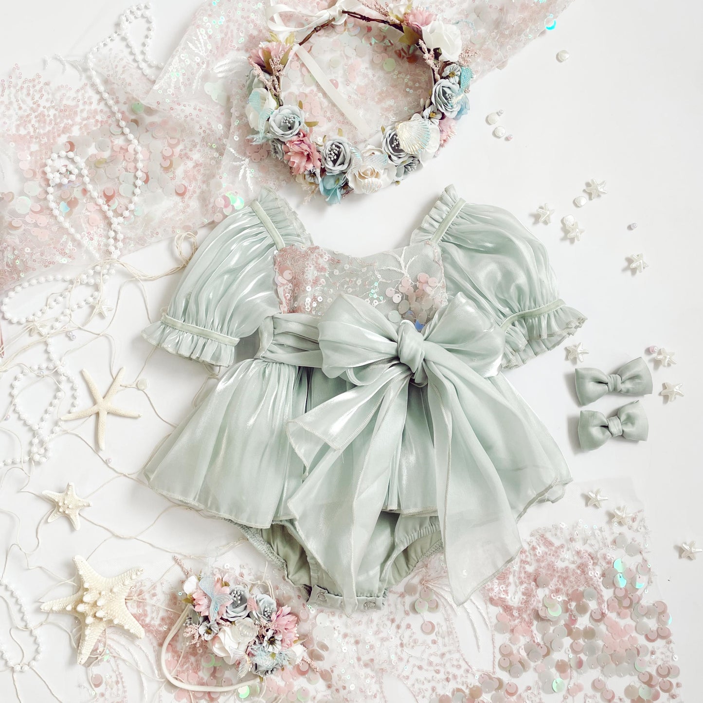 Mermaid Sequin Green Organza Baby Girl Party Romper