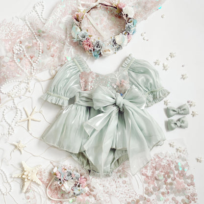 Mermaid Sequin Green Organza Baby Girl Party Romper