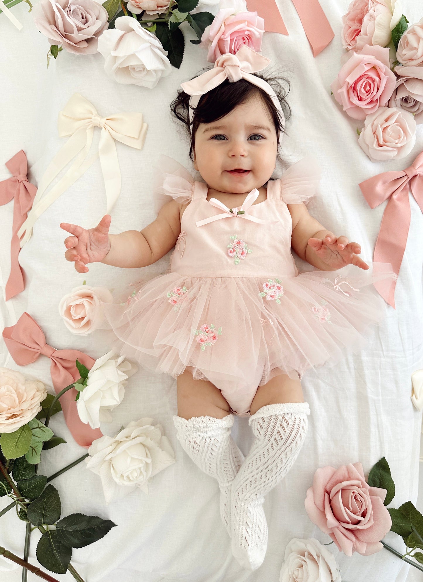 Belle Bow Perfect Pink Embroidered Baby Girl Tulle Party Romper