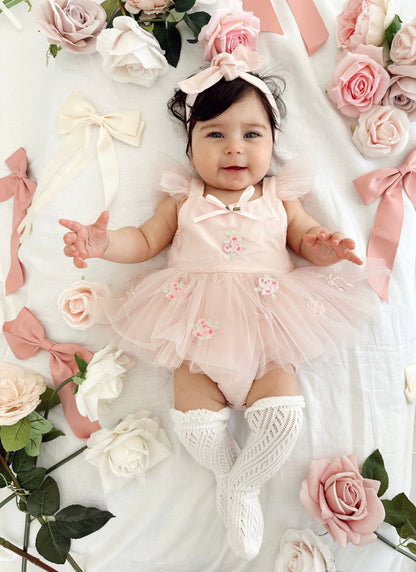 Belle Bow Perfect Pink Embroidered Baby Girl Tulle Party Romper