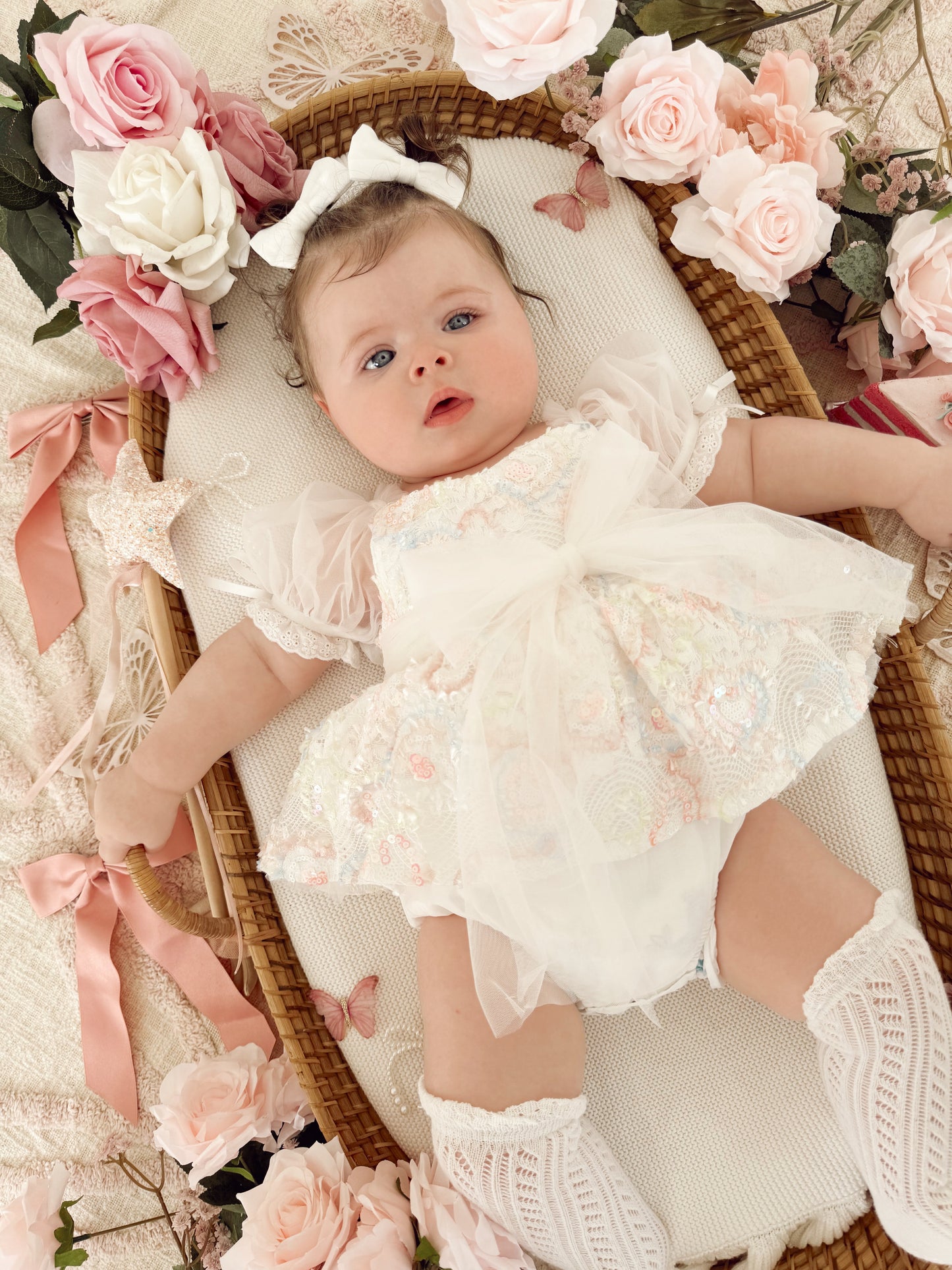 Josephine Lace Blossom Baby Girl Sequin White Tulle Party Romper
