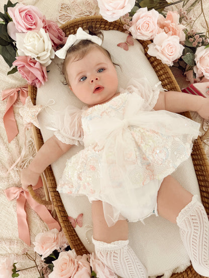 Josephine Lace Blossom Baby Girl Sequin White Tulle Party Romper