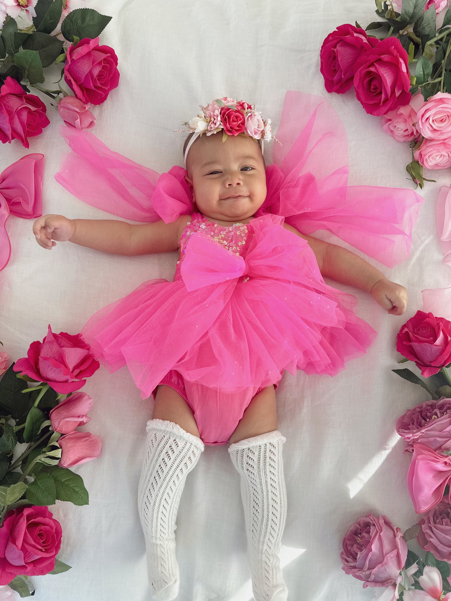 Theodora Fuchsia Pink Sequin Baby Girl Tulle Party Romper