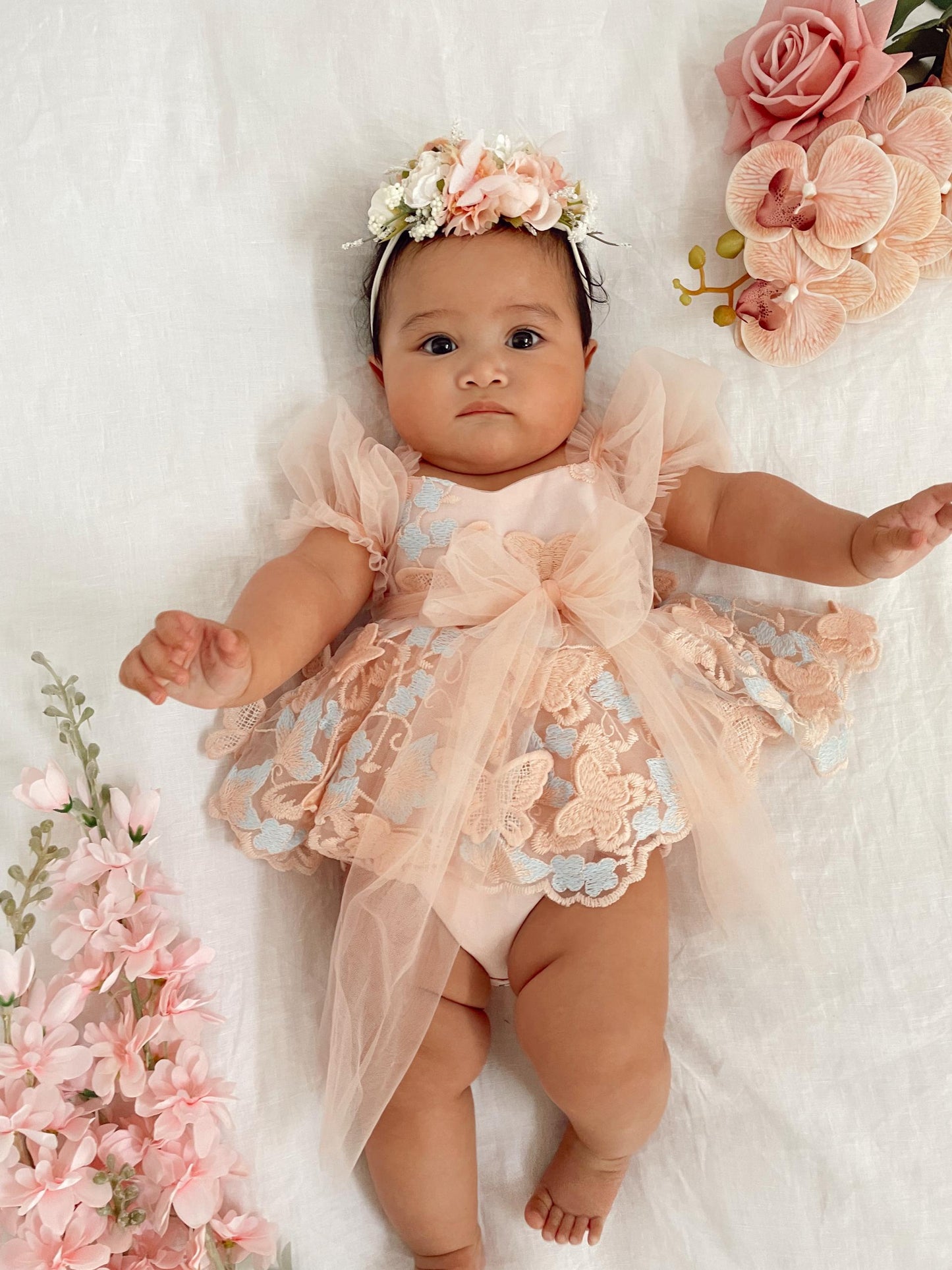 Butterfly Kisses Peach Rose Baby Girl Embroidered Tulle Party Romper