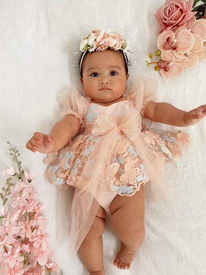 Butterfly Kisses Peach Rose Baby Girl Embroidered Tulle Party Romper
