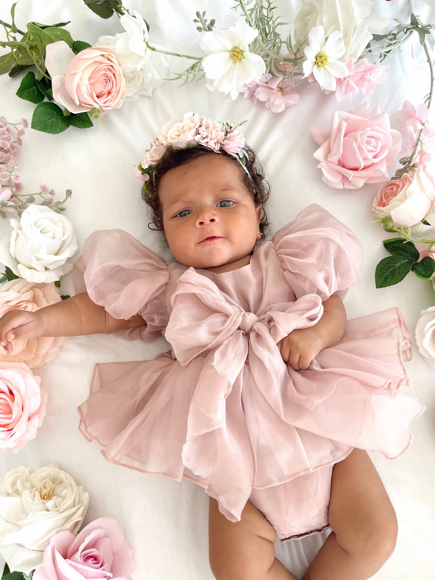 Clementine Matte Blush Rose Pink Organza Baby Girl Romper