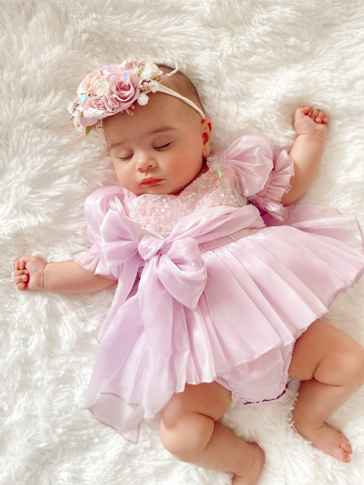 Ariel Purple Pearl Organza Sequin Baby Girl Party Romper
