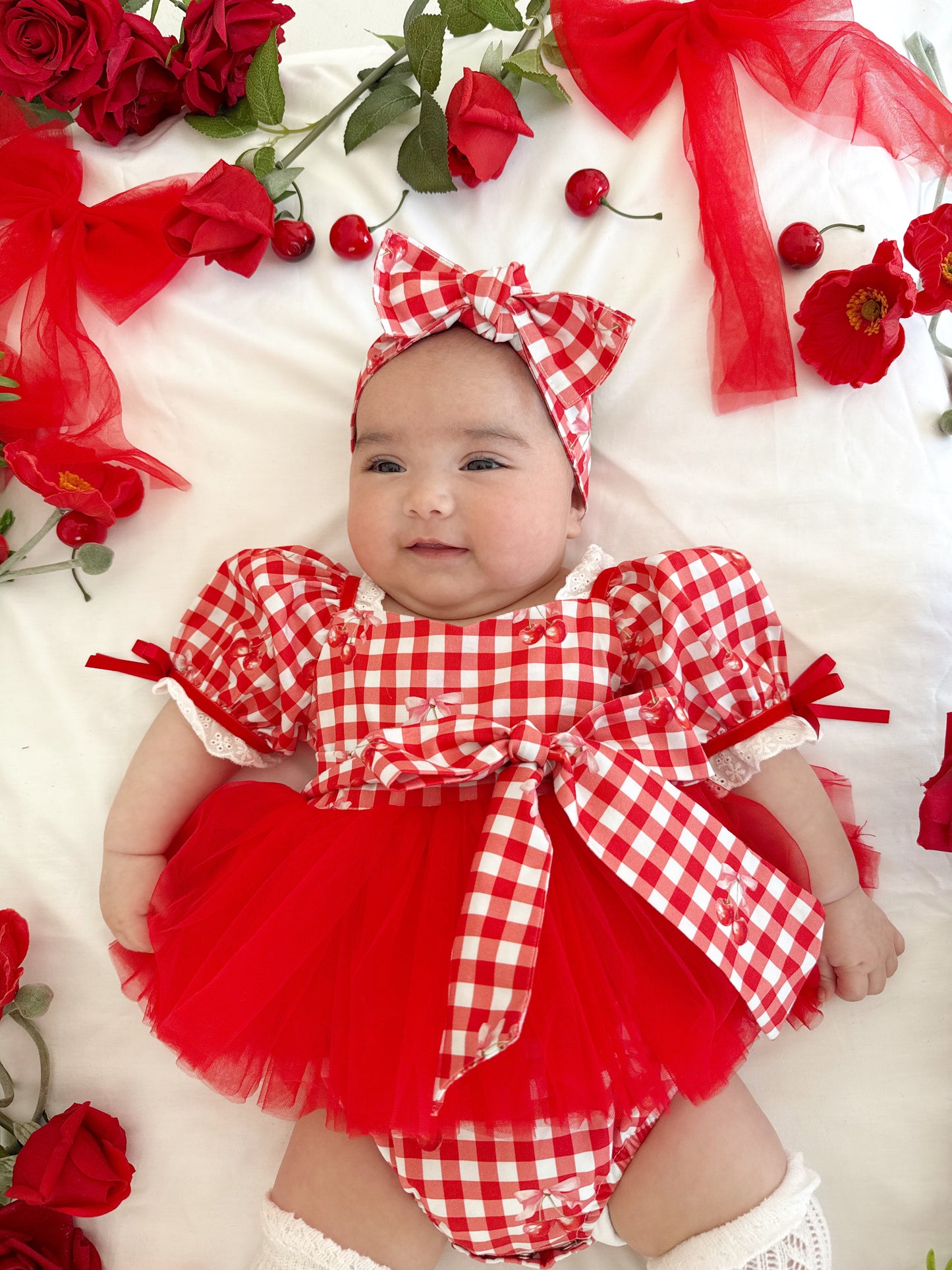 Cherry Lane Red Gingham Baby Girl Tulle Party Romper