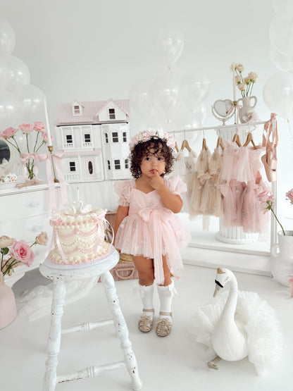 Swan Lake Ballerina Pink Embroidered Baby Girl Tulle Party Romper