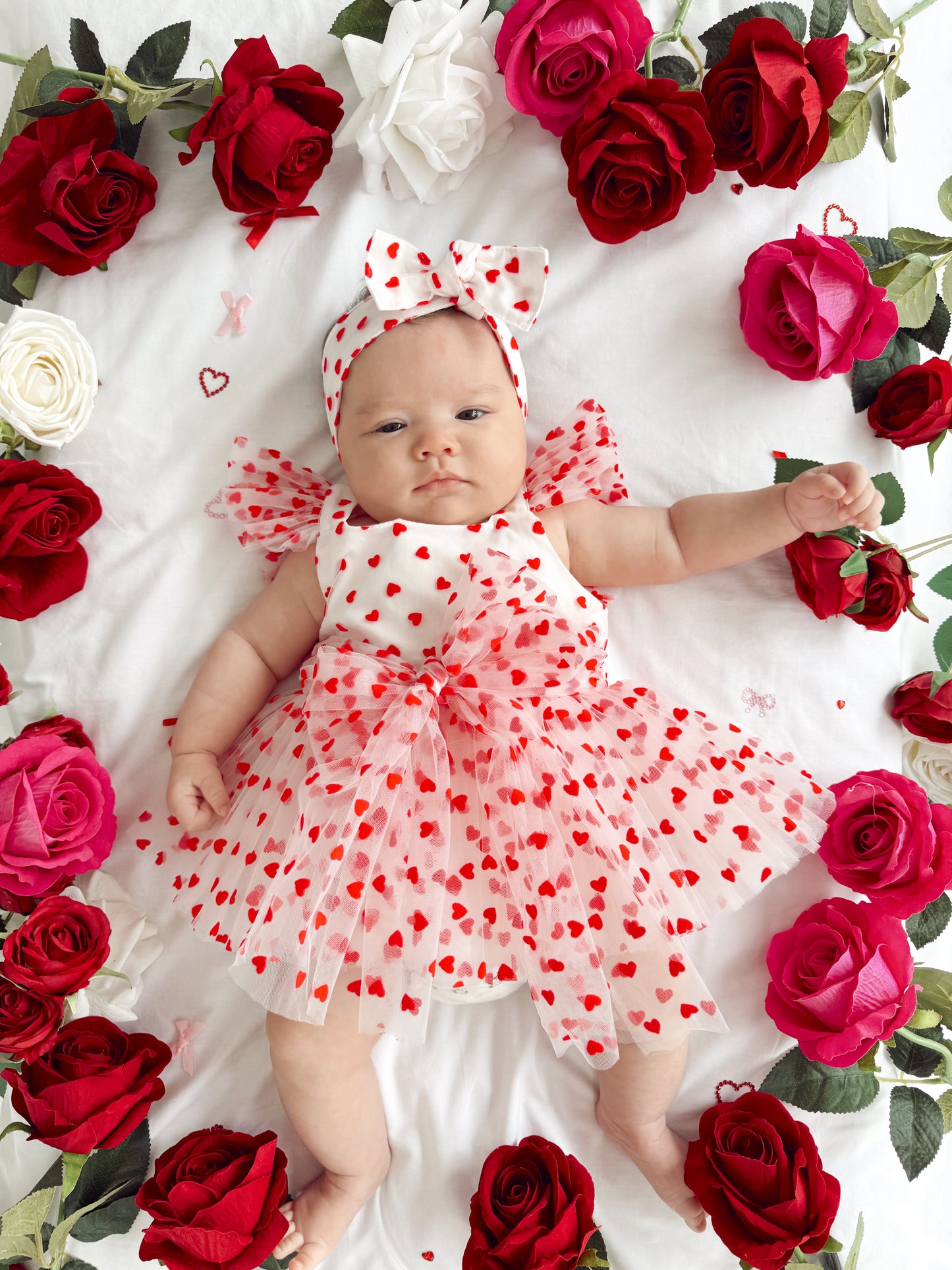 Valentina White Heart Baby Girl Tulle Party Romper