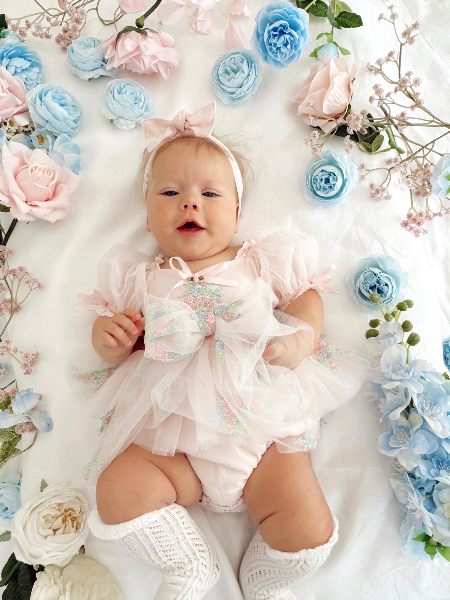 Peony Bloom Petal Pink Embroidered Baby Girl Tulle Party Romper