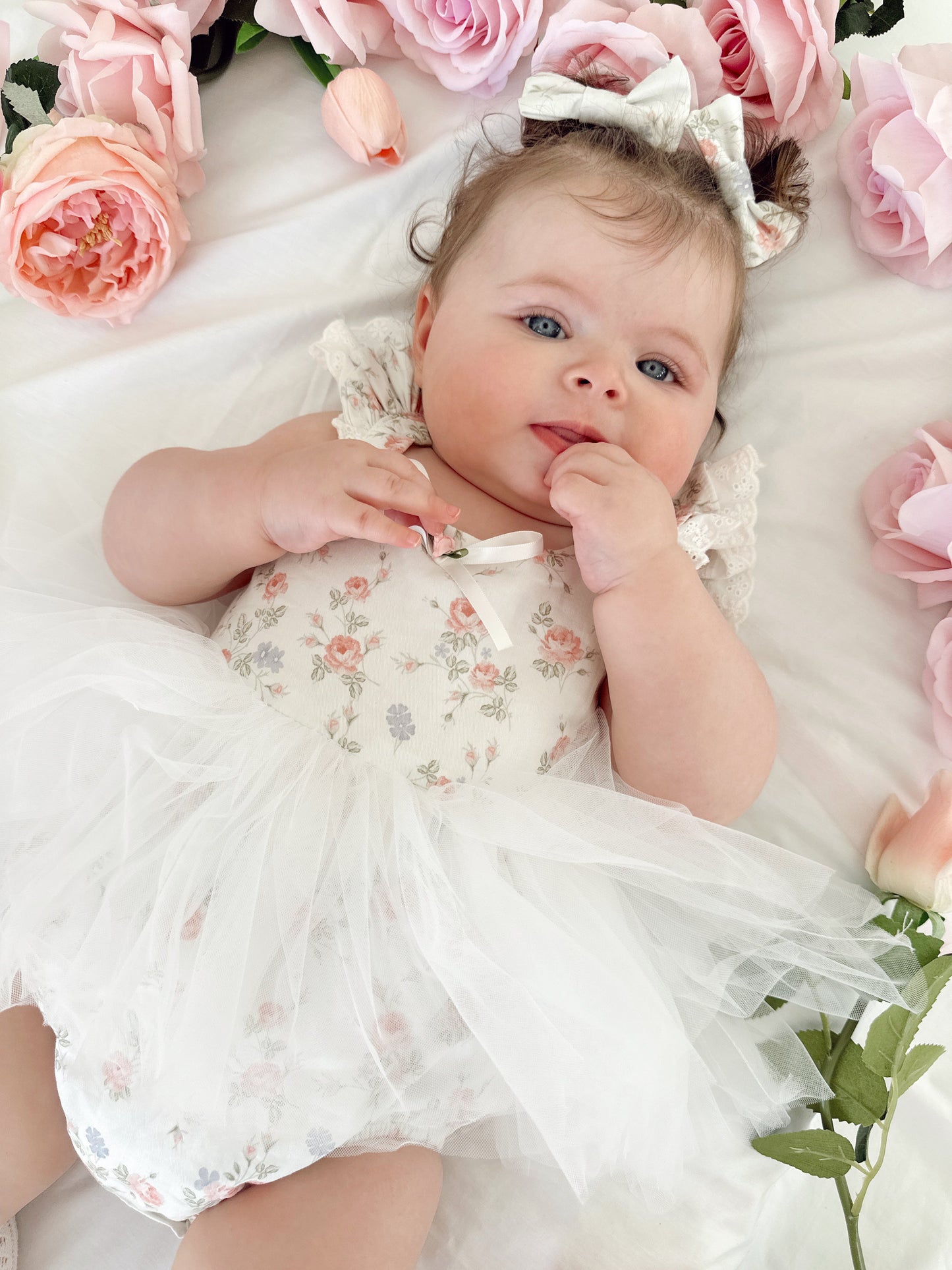 Cottage Fairy Baby Girl Floral White Tulle Party Romper