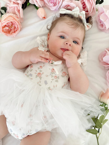 Cottage Fairy Baby Girl Floral White Tulle Party Romper