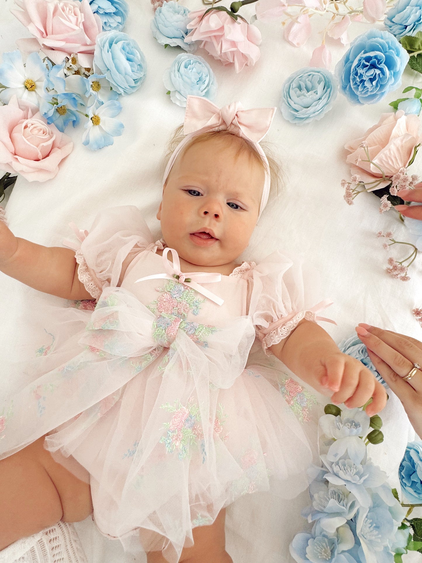 Peony Bloom Petal Pink Embroidered Baby Girl Tulle Party Romper