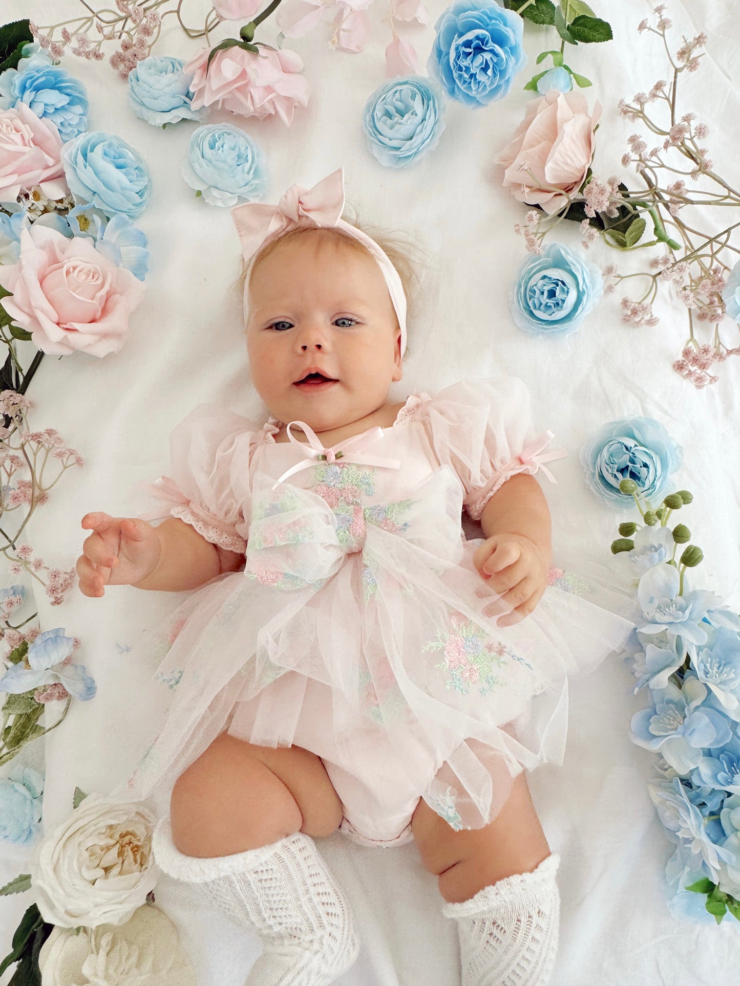 Peony Bloom Petal Pink Embroidered Baby Girl Tulle Party Romper