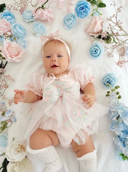 Peony Bloom Petal Pink Embroidered Baby Girl Tulle Party Romper