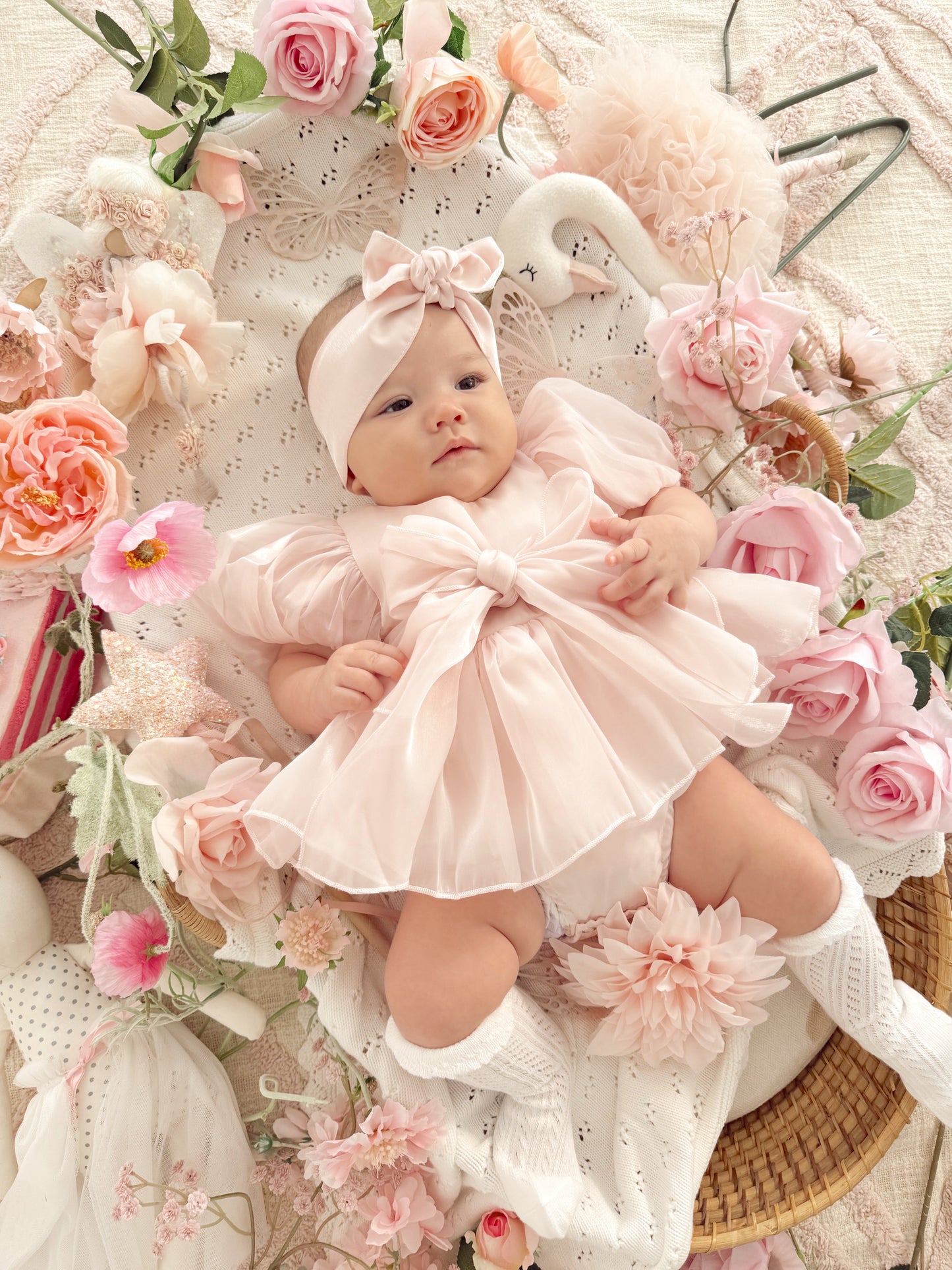 Scarlette Rose Petal Pink Organza Baby Girl Party Romper