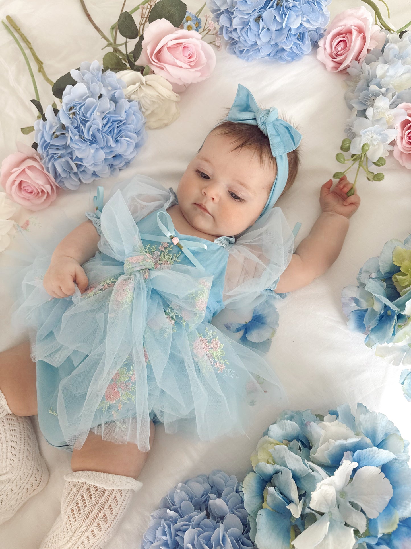 Afina Blue Embroidered Baby Girl Tulle Party Romper