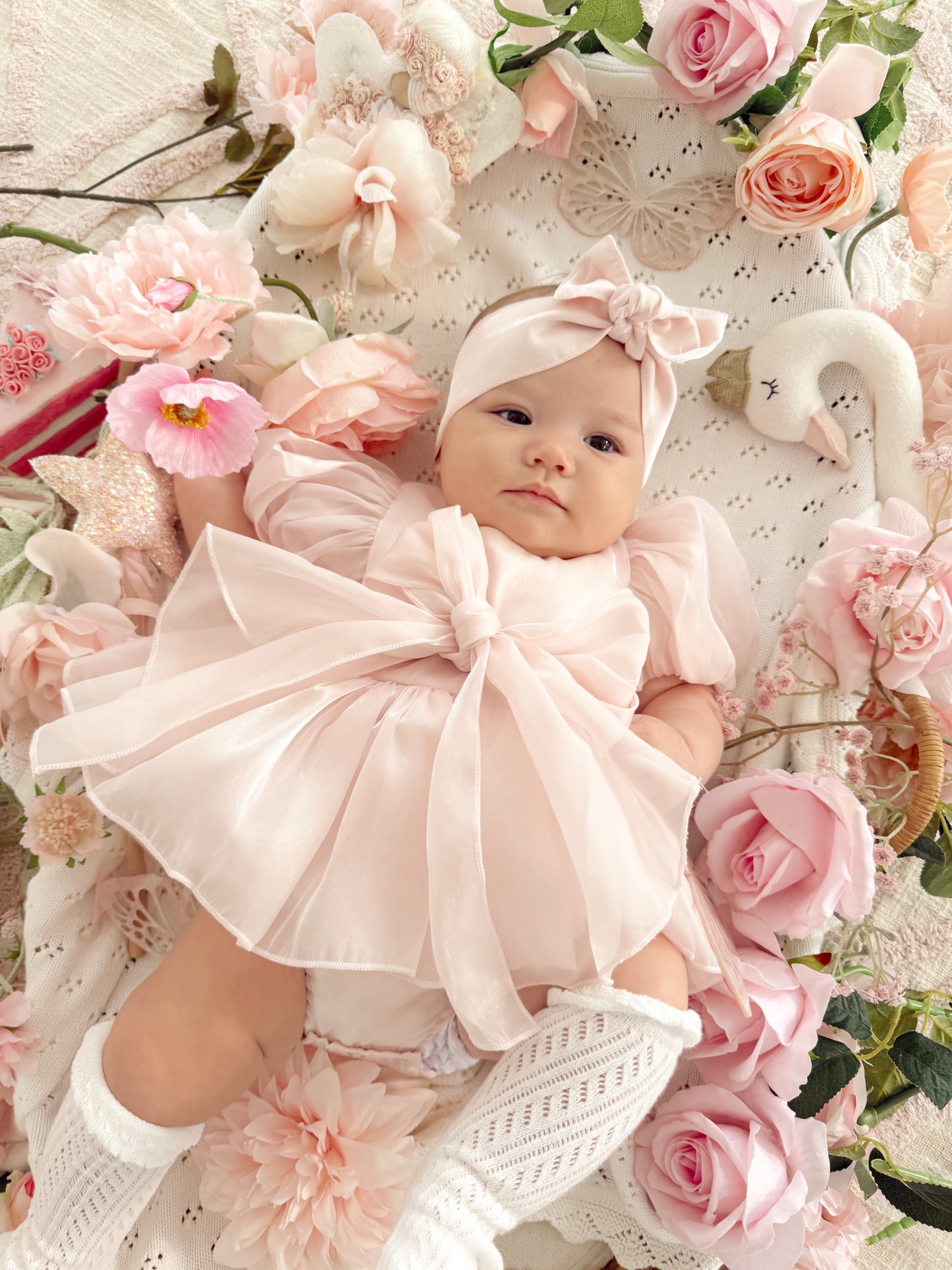 Scarlette Rose Petal Pink Organza Baby Girl Party Romper