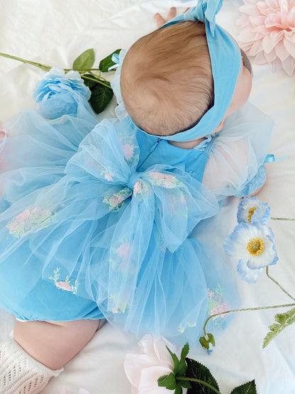 Afina Blue Embroidered Baby Girl Tulle Party Romper